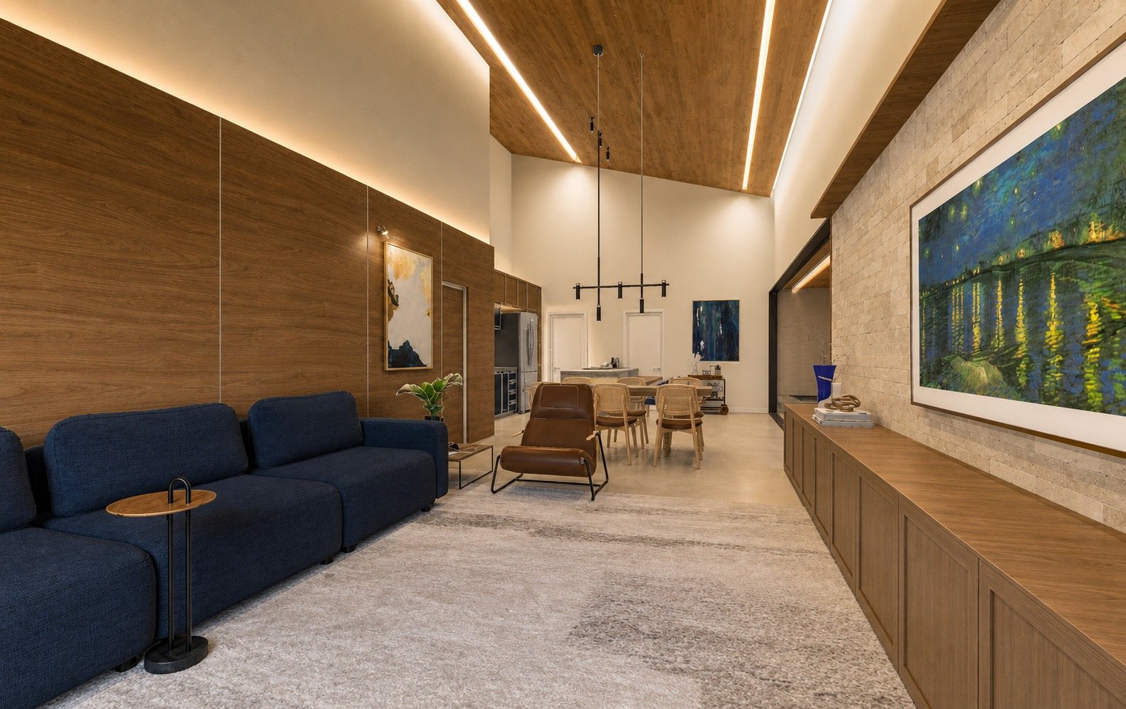 Living integrado com painel de madeira e forro amadeirado